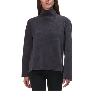 Dylan Aspen Charcoal Mock-Neck Faux Fur Drop Shoulder Fleece Pullover - S